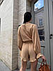 Бежевий жіночий літній легкий натуральний костюм-двійка з мусліну: короткі Шорти та Сорочка на ґудзиках, фото 2