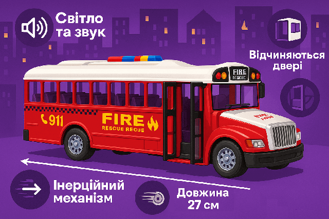 Іграшка Пожежний автобус 27 см JS125B - інерційний, світло, звук, двері відчиняються