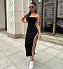 Чорне жіноче літнє прогулянкове плаття міді по фігурі з турецького рубчика на бретелях з розрізом, фото 2