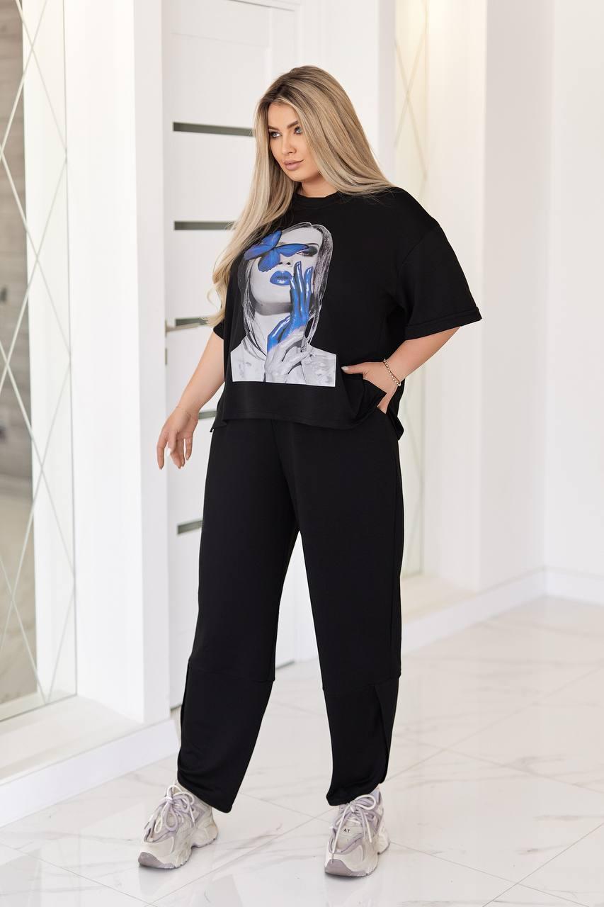 Жіночий прогулянковий літній базовий комфортний костюм футболка з накатом прямі штани двонитка батал, фото 1