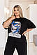 Жіночий прогулянковий літній базовий комфортний костюм футболка з накатом прямі штани двонитка батал, фото 4
