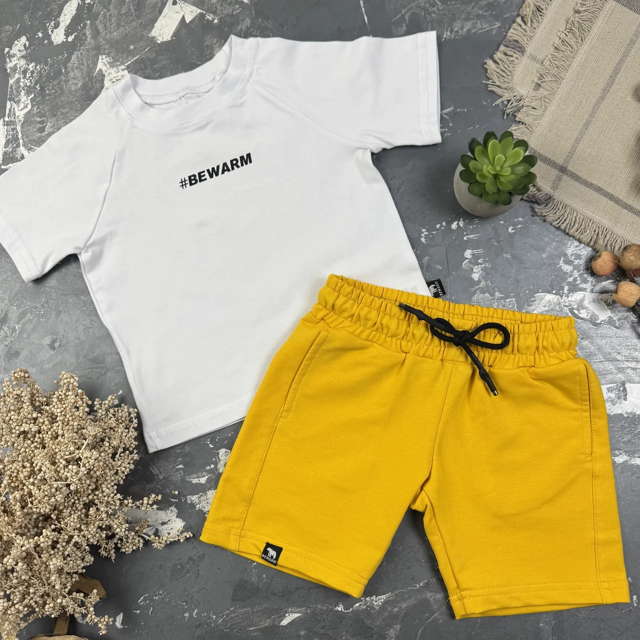 Дитячий літній костюм шорти + футболка BEWARM Гірчиця/Білий, фото 1