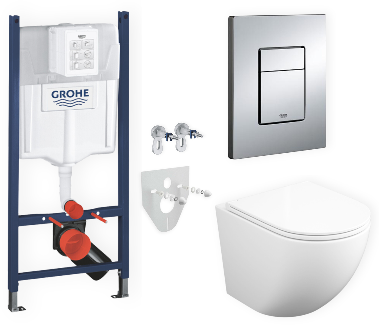 Комплект 5в1: інсталяція Grohe + безобідковий унітаз Round білий, змив TORNADO + клавіша хром глянцева