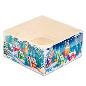 Упаковка для десертів із прозорою кришкою 160*160*80 мм Будиночки в снігу