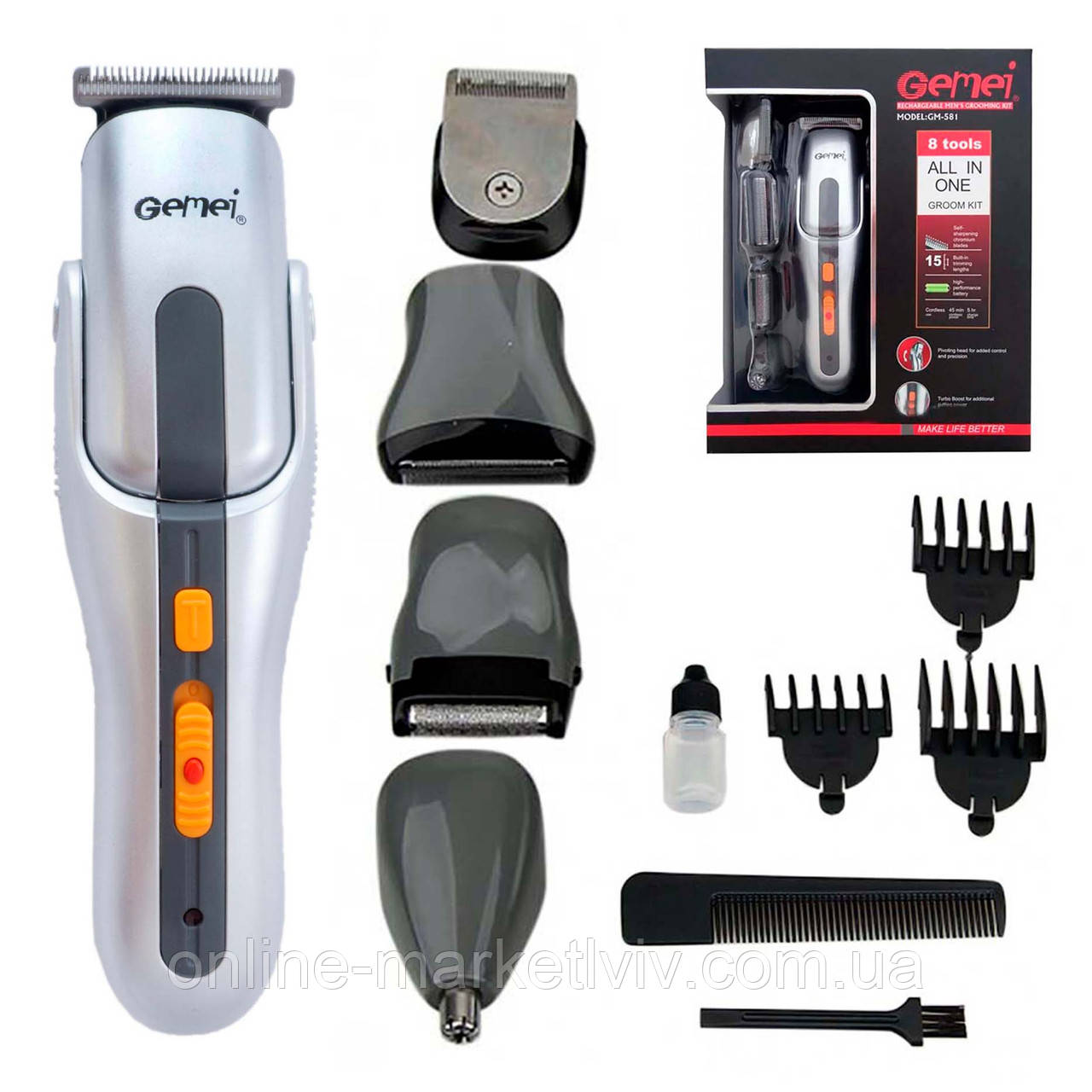 Машинка для стрижки волосся + 8 насадок, GM-581 / Тример чоловічий / Тример акумуляторний, фото 1