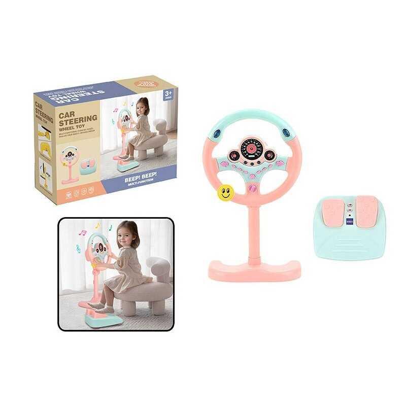 Кермо дитяче - колір РОЖЕВИЙ,звукові ефекти, озвучування англійською, веселі мелодії, підсвічування, педалі гальма та газу,