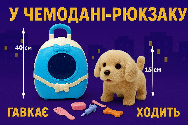 Ігровий набір Інтерактивний Песик у валізі-рюкзаку MC-1085A - бежеве цуценя гавкає, ходить, кейс з аксесуарами