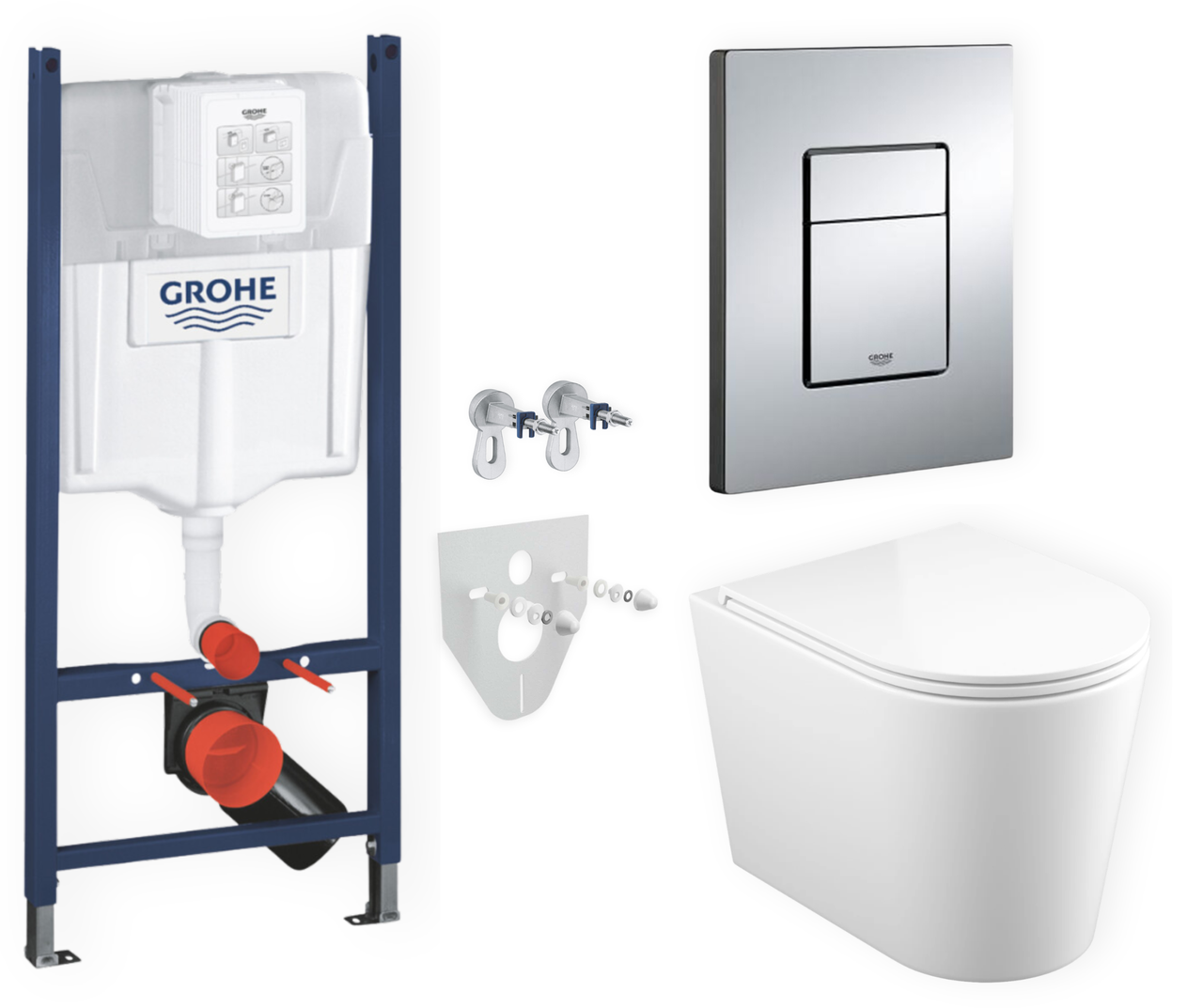 Комплект 5в1: інсталяція Grohe + безобідковий унітаз Orion білий, змив TORNADO + клавіша хром глянцева
