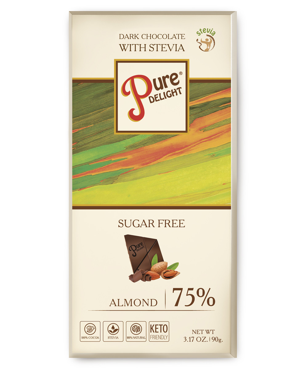 Шоколад чорний «Pure Delight» 75% какао з мигдалем зі стевією 90 г STEVIASUN OST-1519 - фото 1 - id-p2615441101