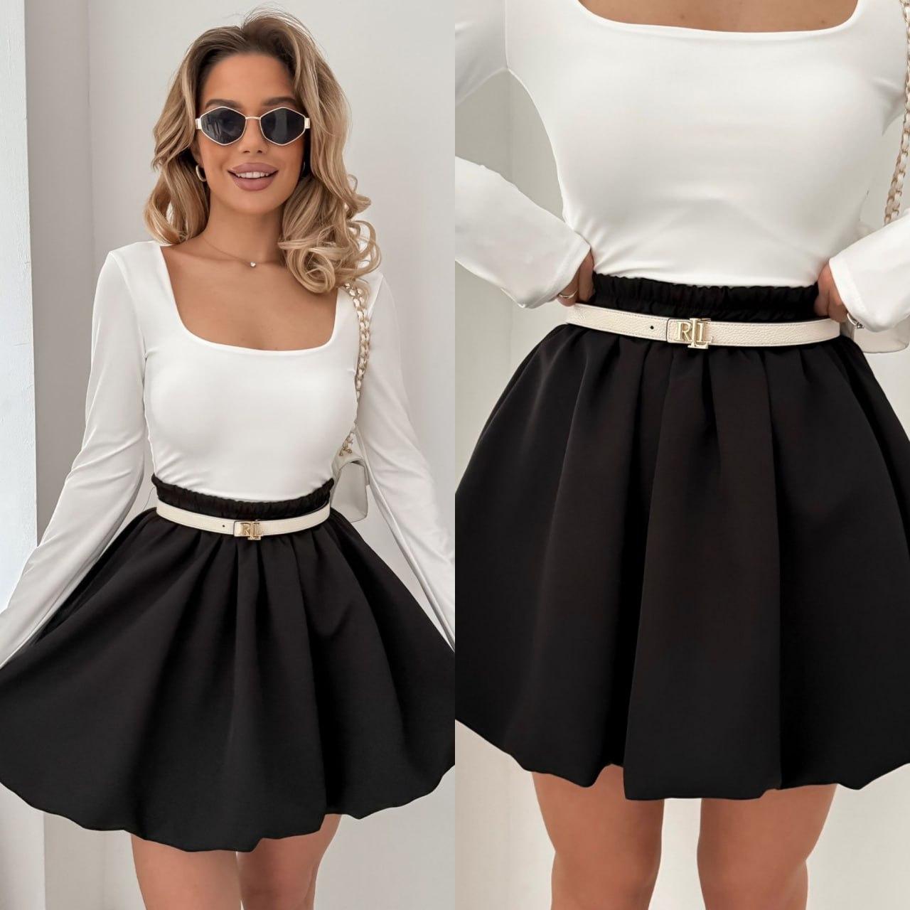 Чорна жіноча пишна коротка міні спідниця з костюмки барбі на підкладці із завищеною посадкою, фото 1