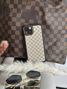 Чехол для iPhone 13 в стилі Louis Vuitton бежевий з золотою оправою