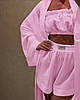 Рожевий жіночий легкий комфортний пляжний літній комплект-трійка з мусліну: Шорти, топ та довгий халат накидка, фото 2