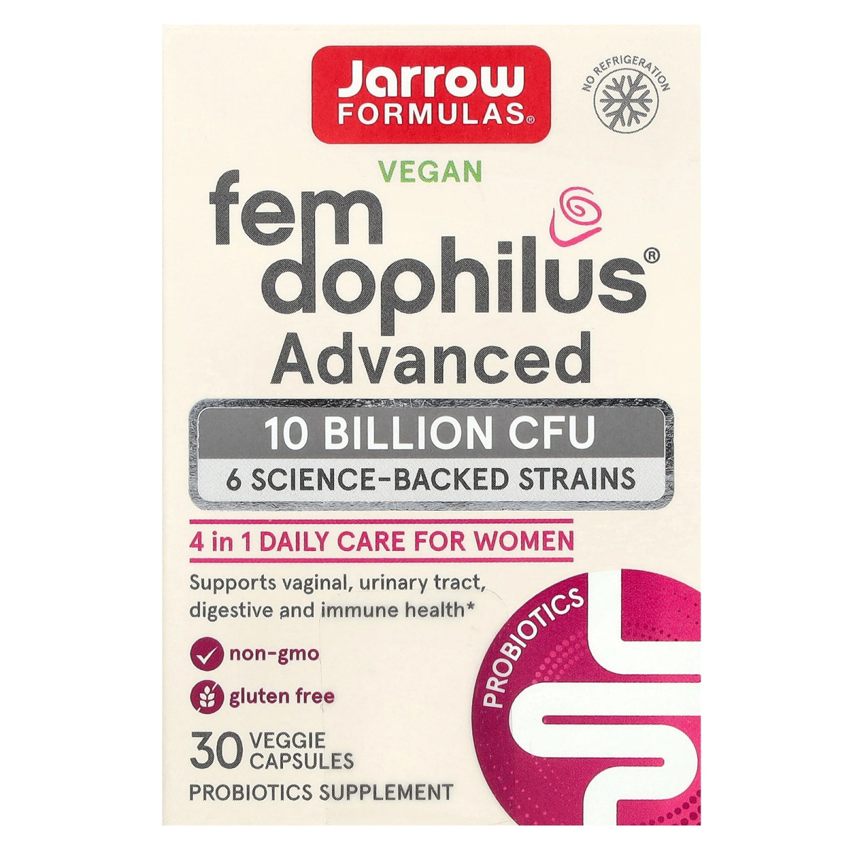 Jarrow Formulas, Fem Dophilus для веганів, покращений, 10 млрд КУО, 30 рослинних капсул