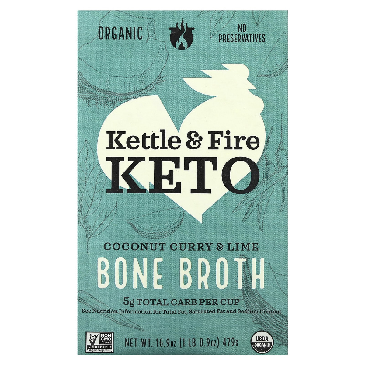 Kettle & Fire, кістковий бульйон, кокос, карі та лайм, 479 г (16,9 унції)
