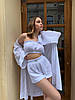 Білий жіночий легкий комфортний пляжний літній комплект-трійка з мусліну: Шорти, топ та довгий халат накидка, фото 10