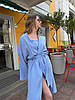 Блакитний жіночий легкий комфортний пляжний літній комплект-трійка з мусліну: Шорти, топ та довгий халат накидка, фото 10