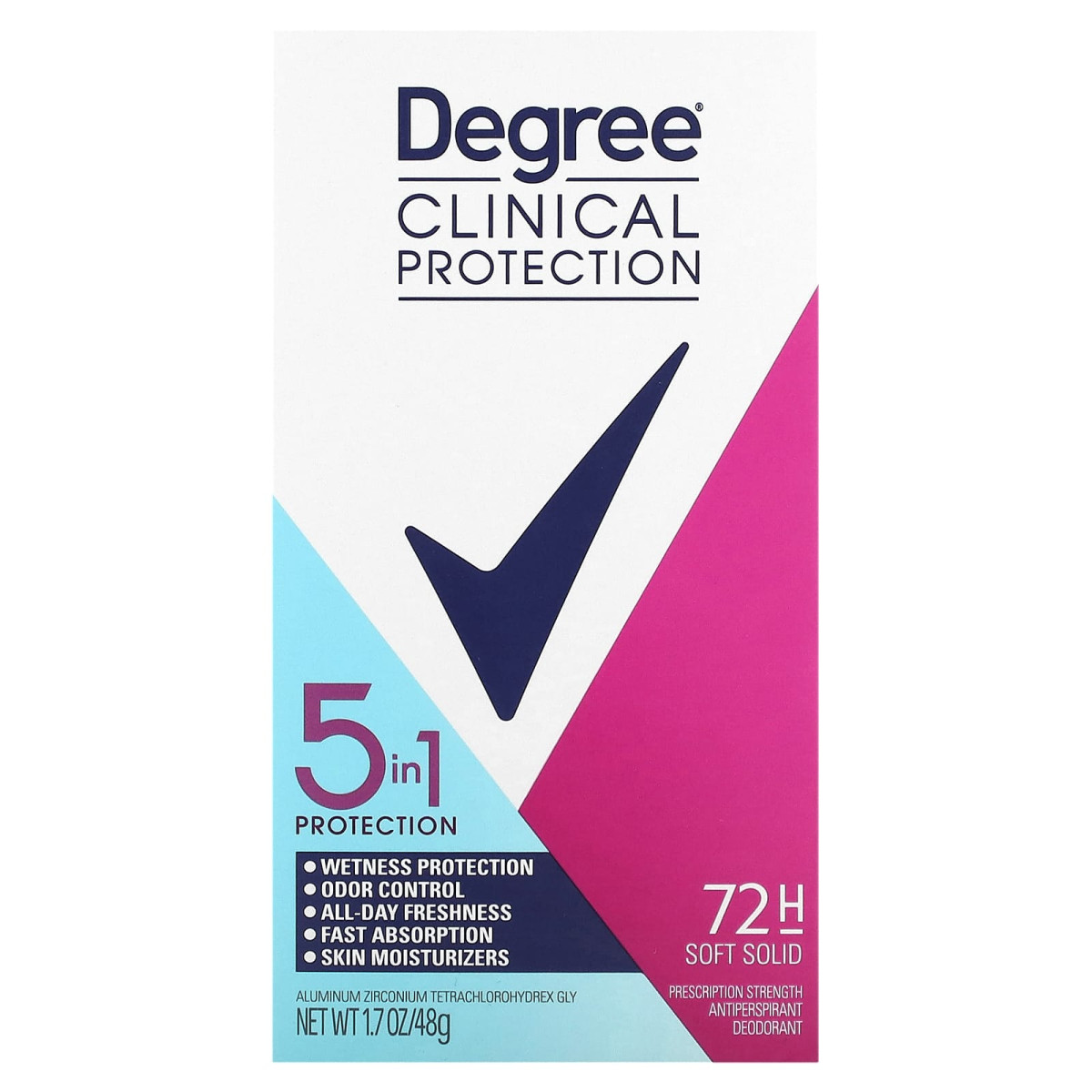 Degree, Clinical Protection, 5-в-1, дезодорант-антиперспірант, м’яка тверда речовина, 48 г (1,7 унції)