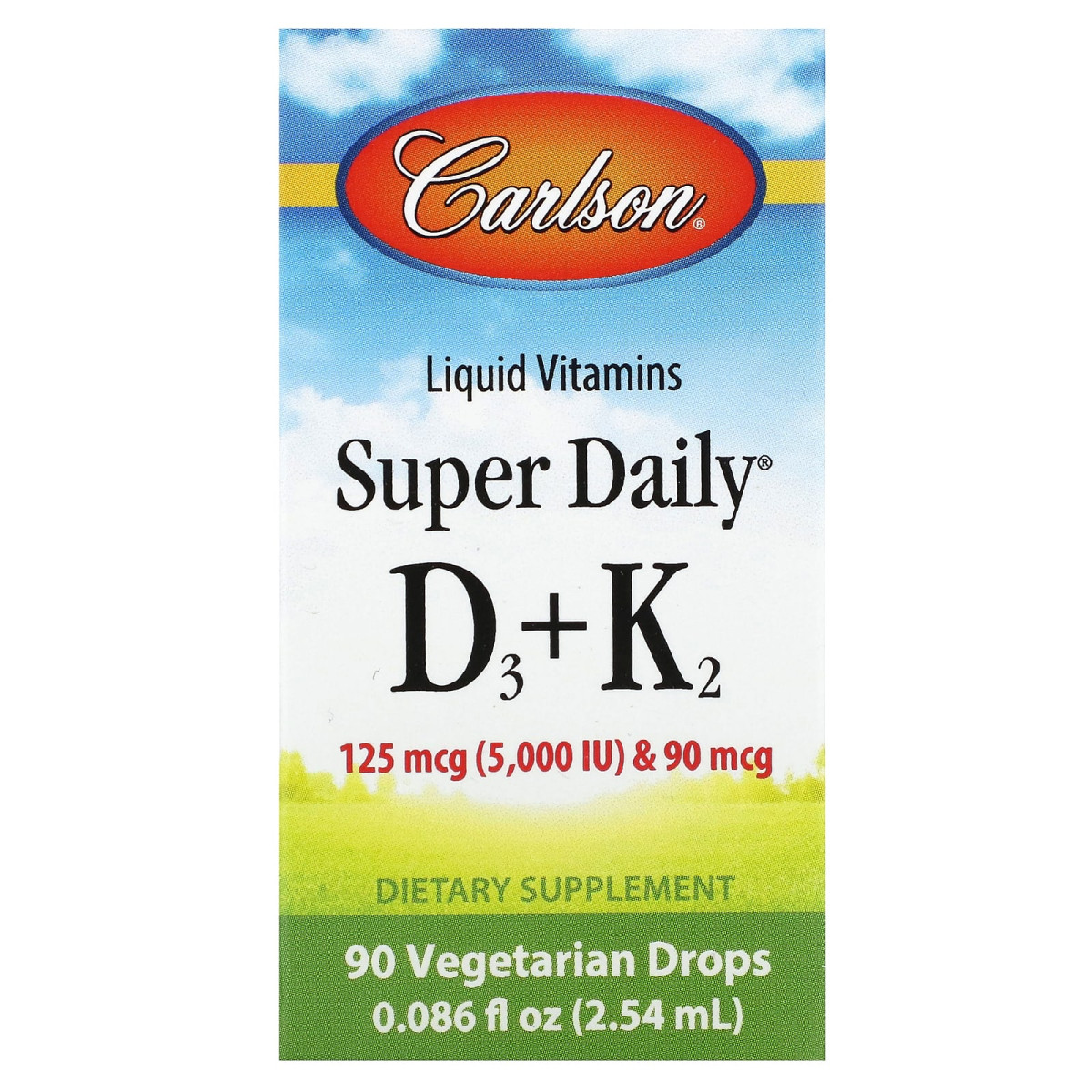Carlson, Super Daily D3 + K2, 125 мкг (5000 МО) і 90 мкг, 90 вегетаріанських крапель, 2,54 мл (0,086 рідк. унції)