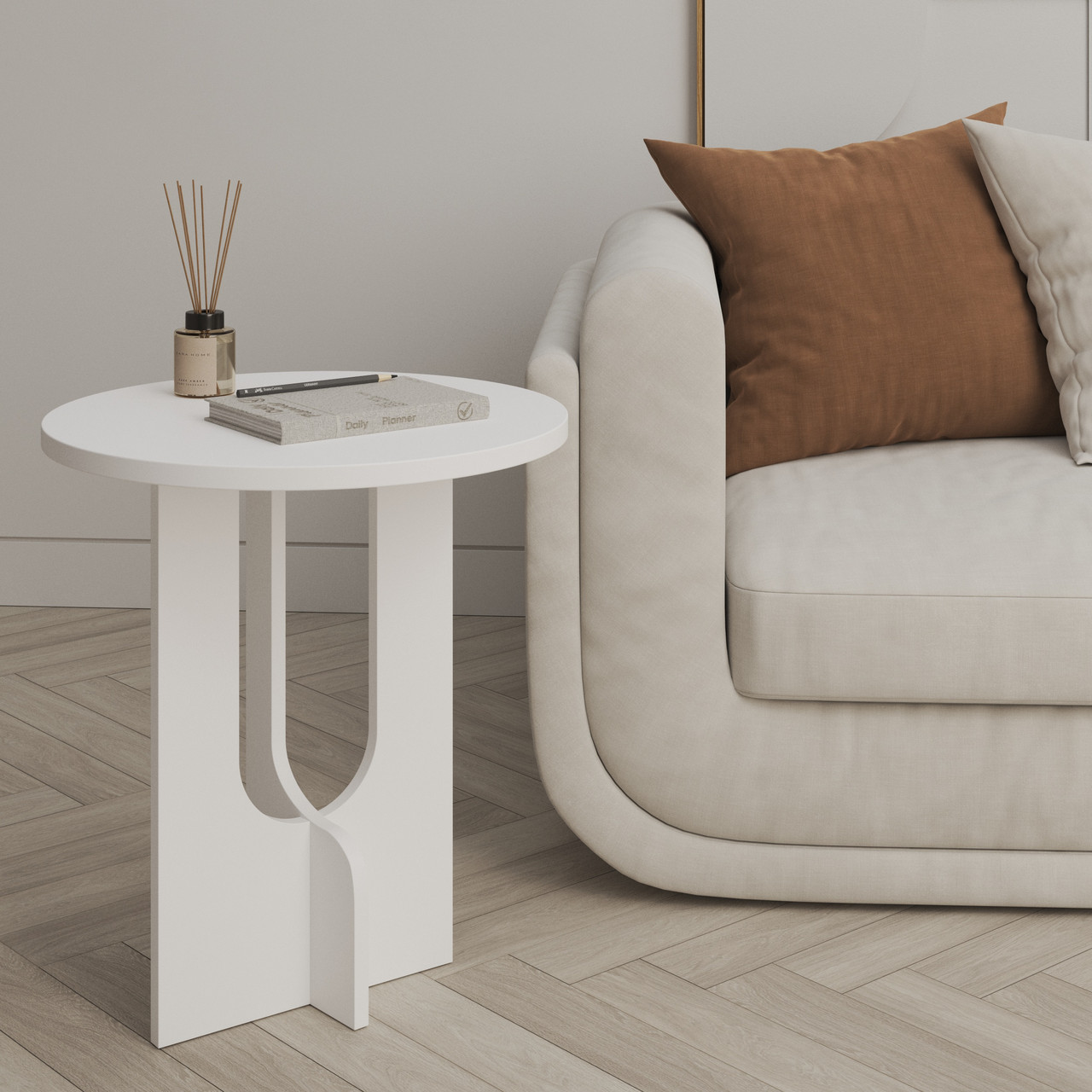 Столик круглий кавовий колір білий h55*40*40 см - журнальний маленький столик, фото 1