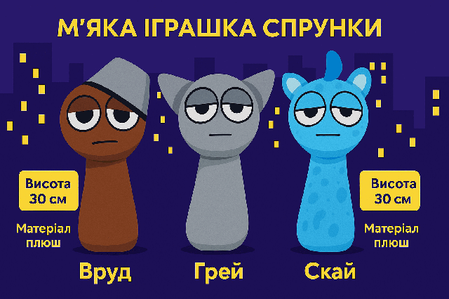 Мягкая игрушка Спрунки 30 см - набор из 3 персонажей: Бруд, Грей, Скай