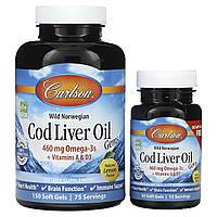 Жир із печінки тріски смак лимона Carlson Labs (Cod Liver Oil Lemon) 150+30 желатинових капсул