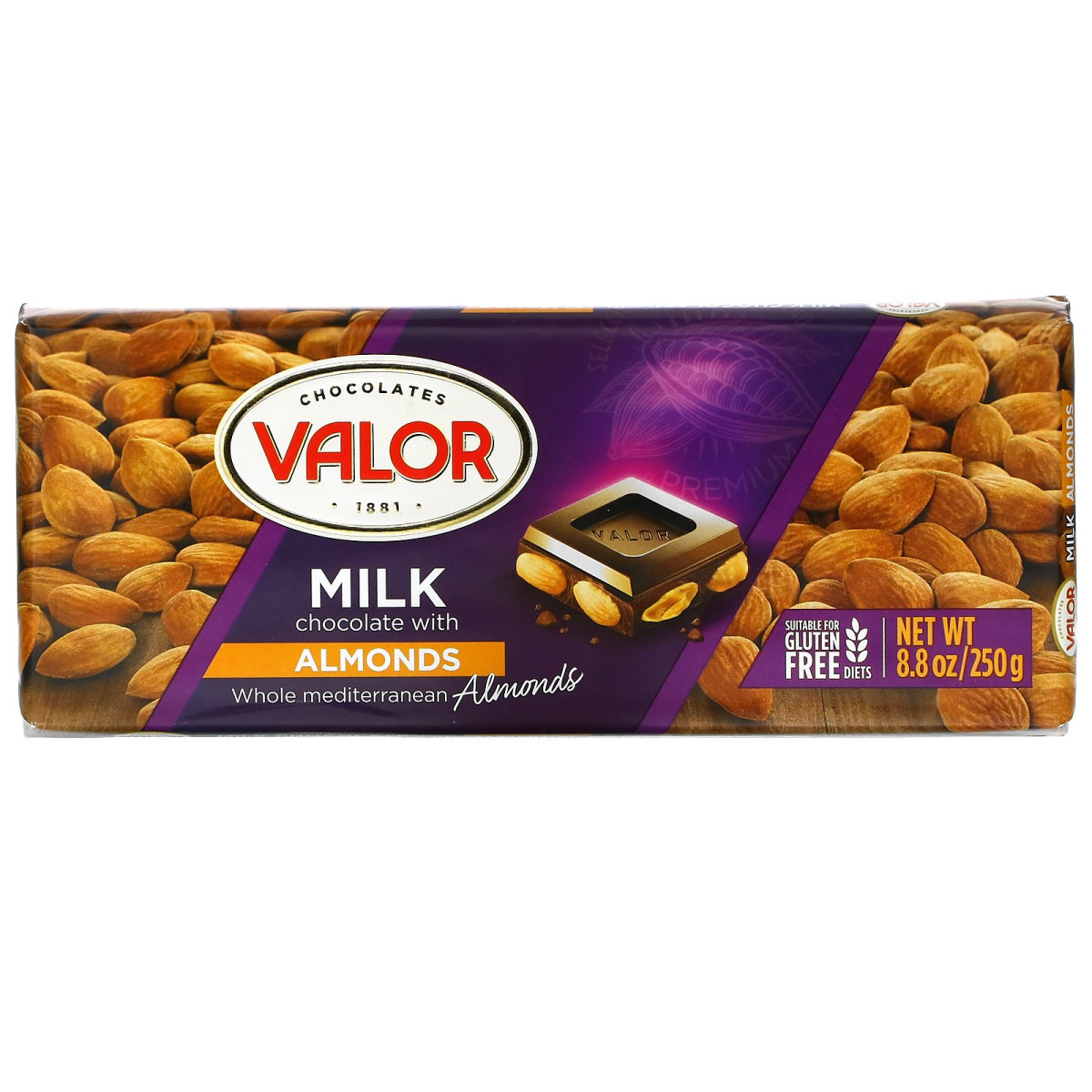 Valor, Молочний шоколад з мигдалем, 8,8 унції (250 г)