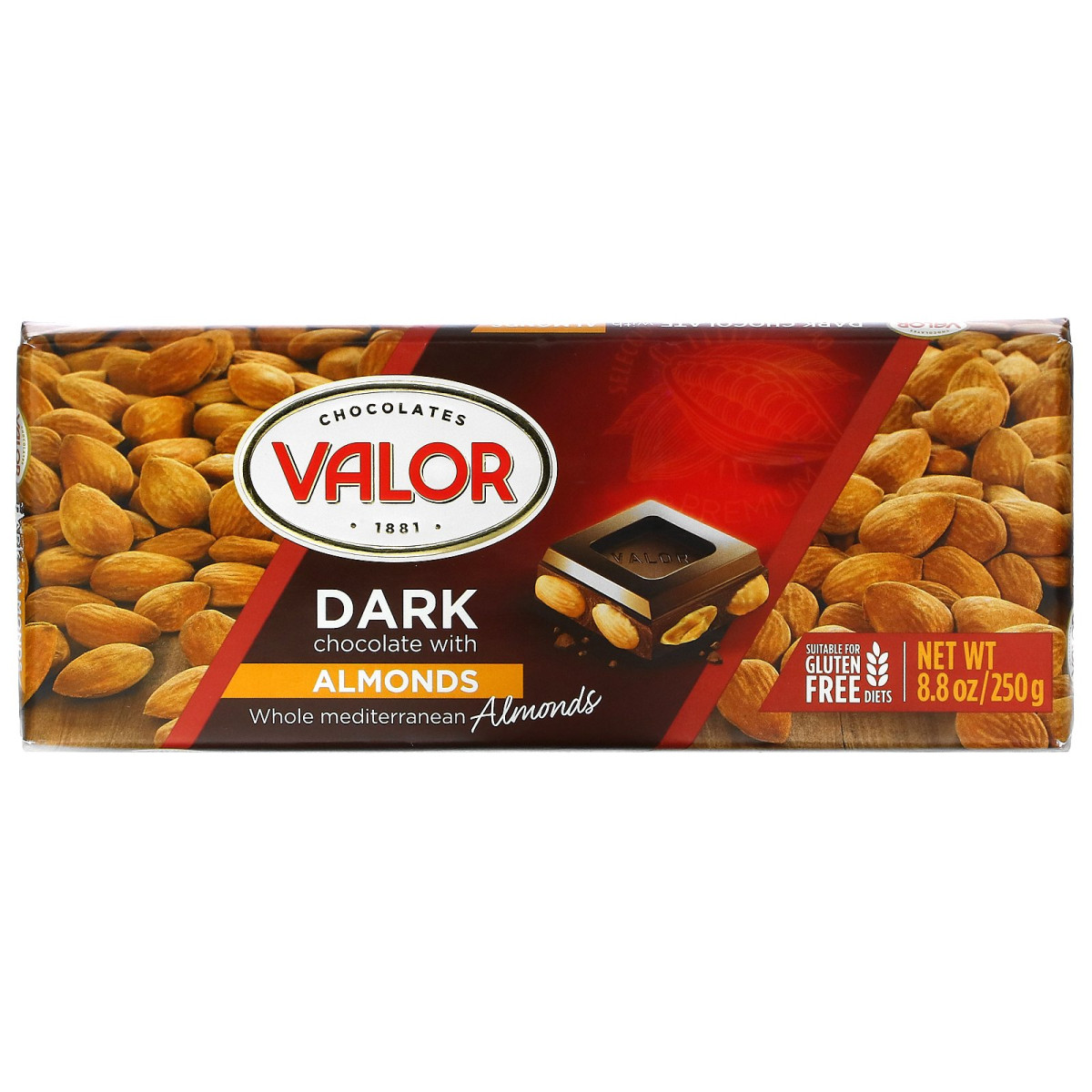 Valor, Темний шоколад, з мигдалем, 8,8 унції (250 г)