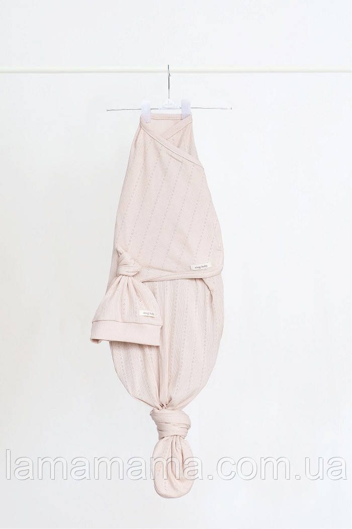 Безрозмірна пелюшка кокон з ажурного трикотажу для новонароджених на липучках з шапочкою Каспер Пудрова, фото 1