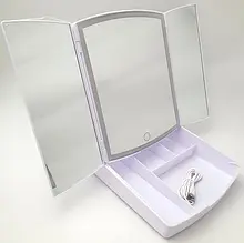 Дзеркало косметичне потрійне з регульованою LED-підсвіткою й органайзером від батарейок або USB 26х40 см YU227