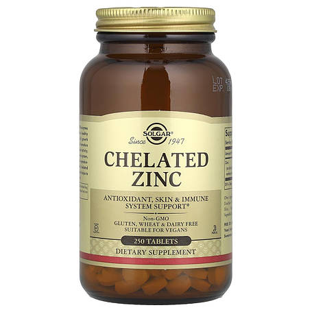 Хелат цинку, Chelated Zinc, Solgar, 250 таблеток, фото 1