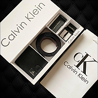 Набір чоловічий шкіряний ремінь із двома пряжками та гаманець Calvin Klein у фірмовому пакованні на подарунок