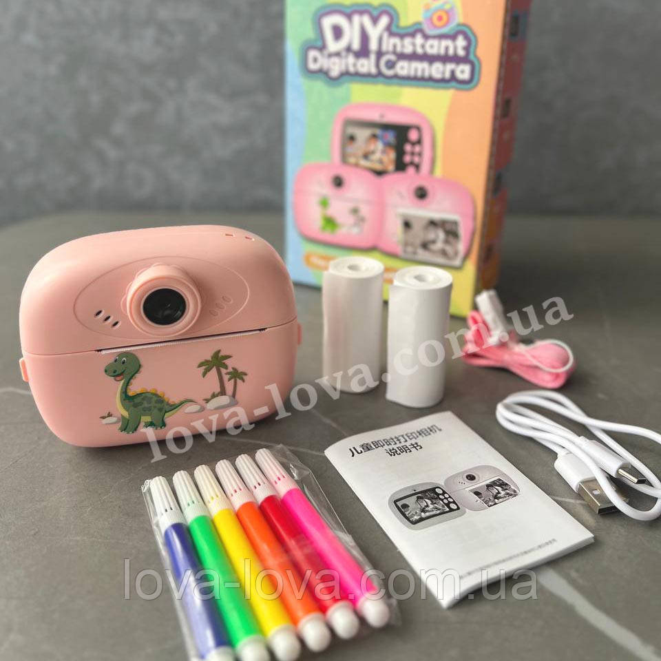 Дитячий цифровий фотоапарат миттєвого друку з динозавром дві камери DIY Instant Digital Camera 48 Мп Pink