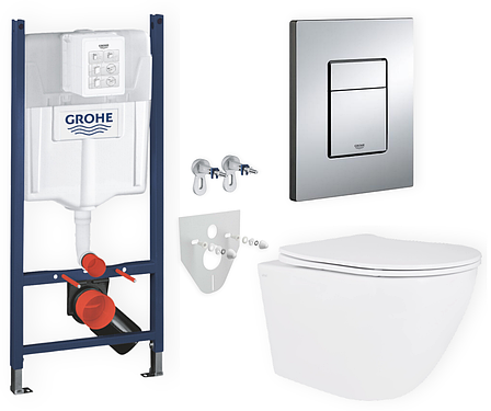 Комплект 5в1: інсталяція Grohe + безобідковий підвісний унітаз Robin, білий + клавіша хром глянцева, фото 1