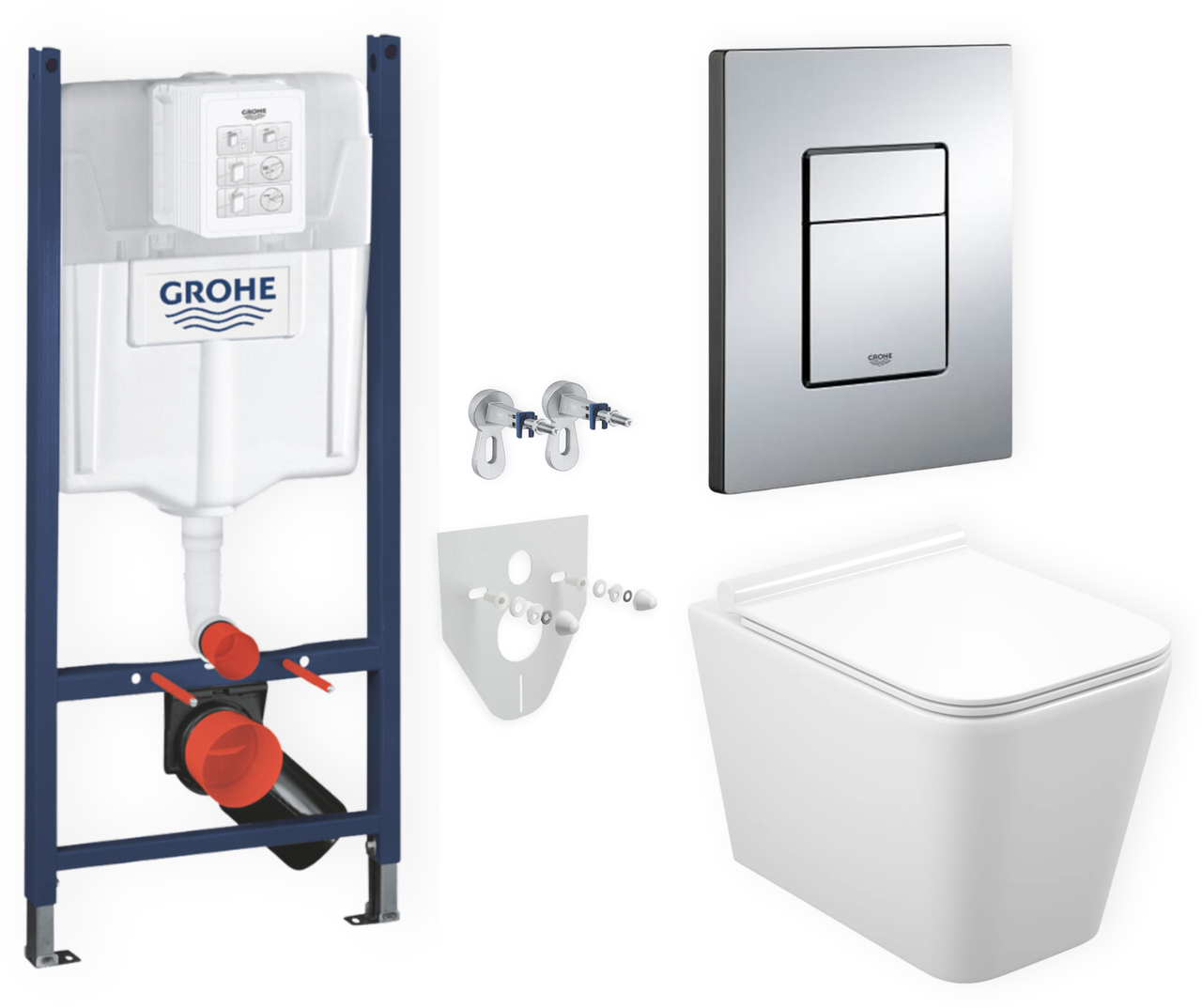 Комплект 5в1: інсталяція Grohe + безобідковий унітаз Kvadro білий, змив TORNADO + клавіша хром глянцева