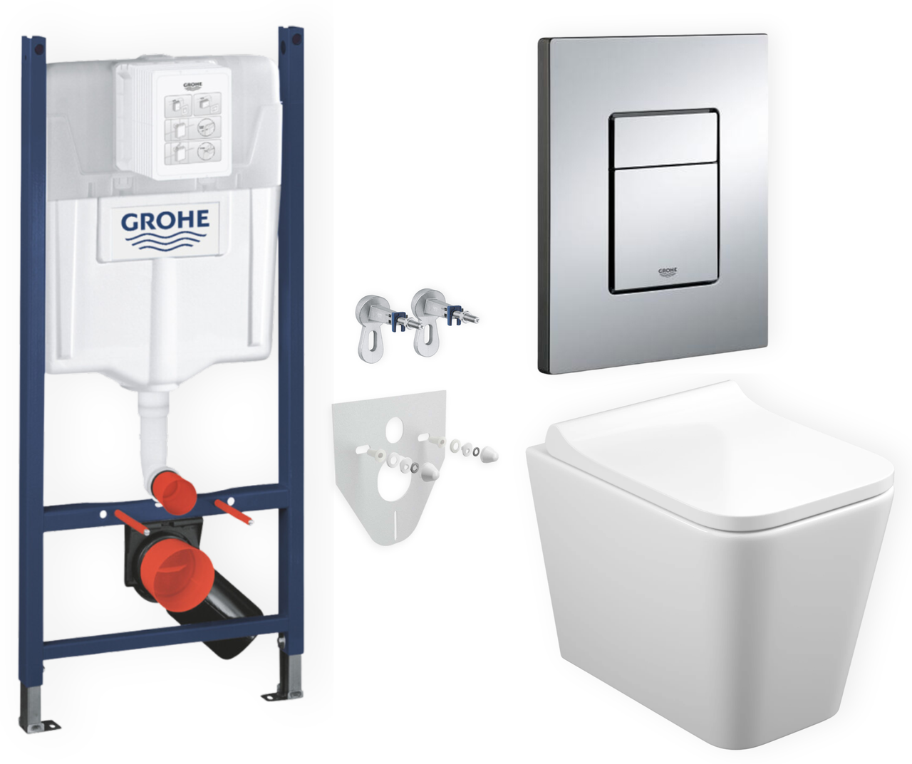 Комплект 5в1: інсталяція Grohe + безобідковий унітаз Trend білий, змив TORNADO + клавіша хром глянцева