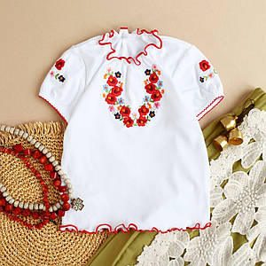 Футболка вишиванка для дівчинки маки і волошки короткий рукав інтерлок 92 98 104 110 116 122 128 134