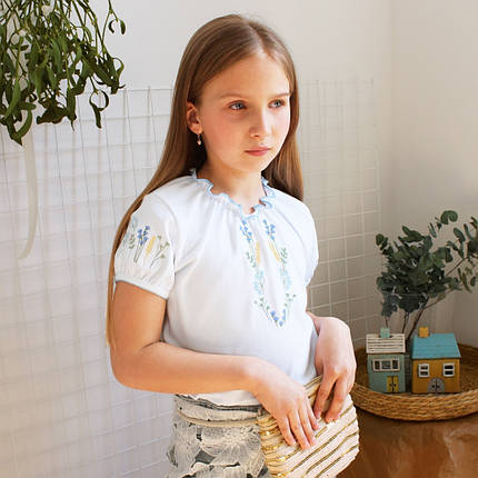 Футболка вишиванка для дівчинки Розмай блакитна вишивка колосся волошки 92 98 104 110 116 122 128 134, фото 1