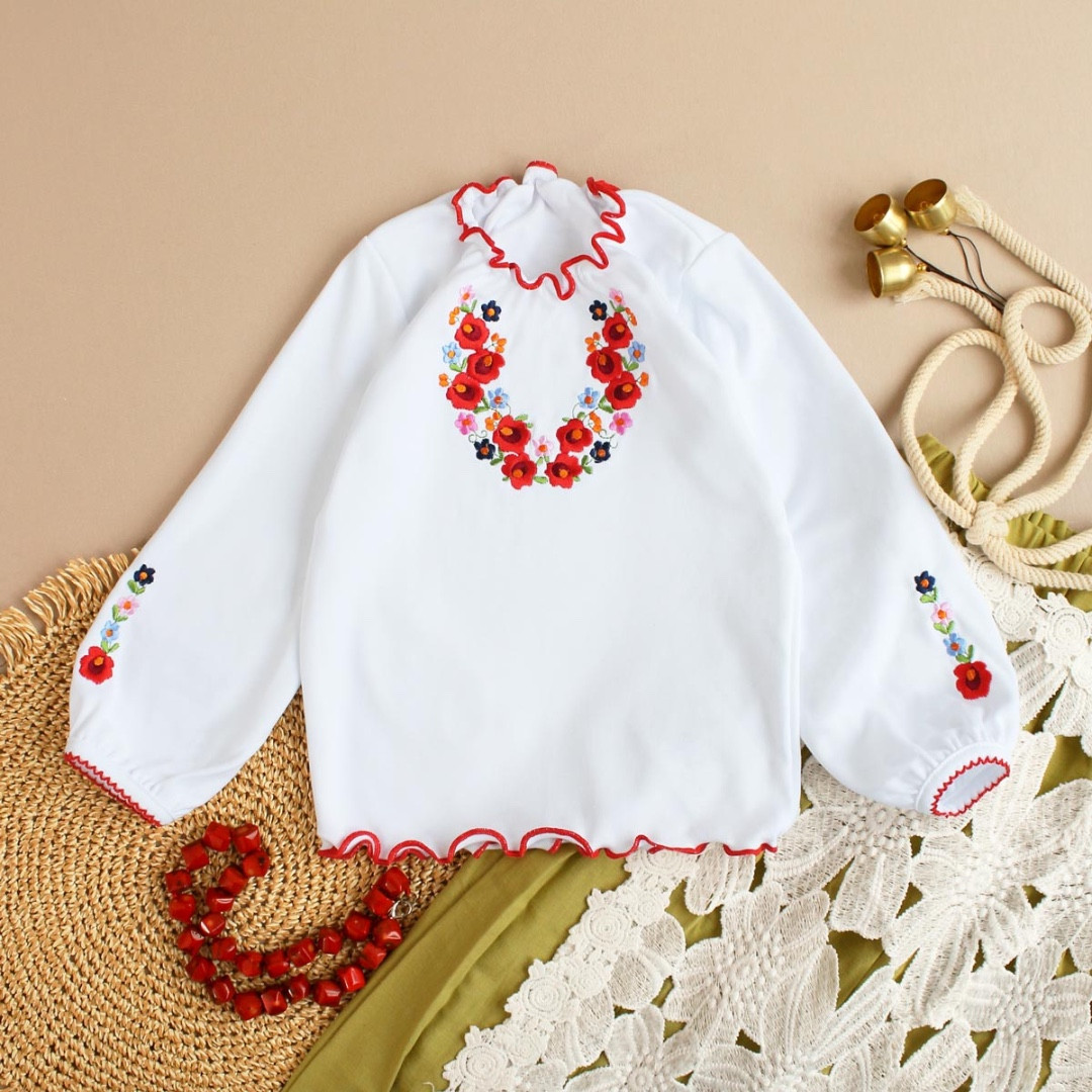 Футболка вишиванка для дівчинки з довгим рукавом червона квіткова інтерлок 92 98 104 110 116 122 128 134