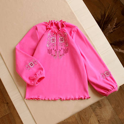 Рожева футболка вишиванка для дівчинки довгий рукав трикотаж інтерлок 92 98 104 110 116 122 128 134, фото 1