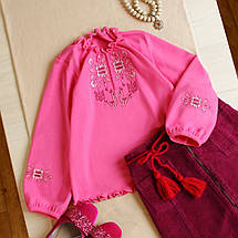 Рожева футболка вишиванка для дівчинки довгий рукав трикотаж інтерлок 92 98 104 110 116 122 128 134, фото 2