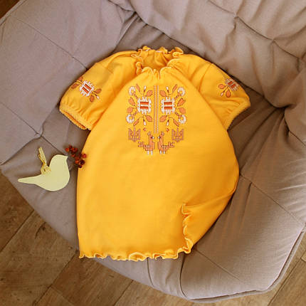 Жовта футболка вишиванка для дівчинки з птахами та квітами 92 98 104 110 116 122 128 134, фото 1