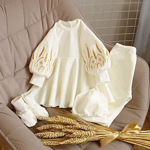 Теплий набір для свята хрещення дівчинки сукня з вишивкою колосків футер з начосом 56 62 68 74 80