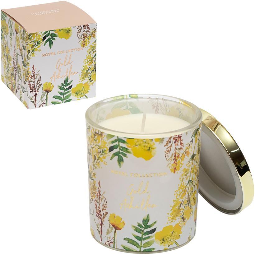 Свічка ароматична «Gold Achillea» з деревним шипровим ароматом у скляній склянці 8*9см, фото 1