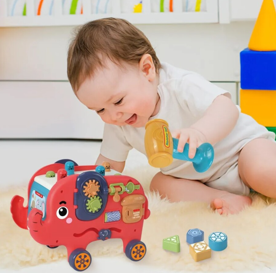 Дитяча логічна іграшка каталка слоненя розвивальний бізіборд сортер стукалка пальчиковий лабіринт шестерні, фото 1