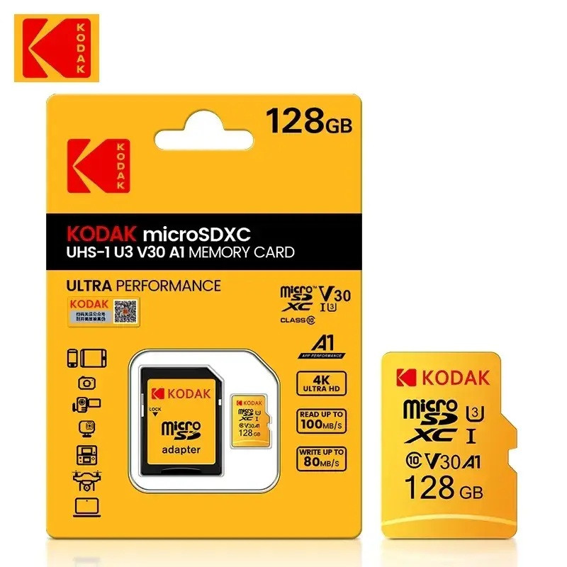 Карта пам’яті MicroSD Kodak 128GB U3 V30 A1 Class 10 | До 100MB/s, microSDXC + адаптер