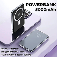 Павербанк бездротовий магнітний ультратонкий, Powerbank з бездротовою зарядкою, 5000мАг, 20Вт Type-C grey