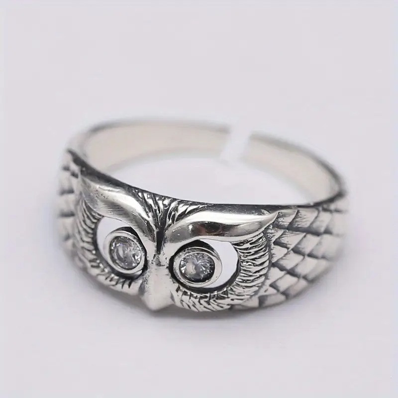 Вінтажна каблучка з совою білий цирконій античне покриття регульований розмір, фото 1