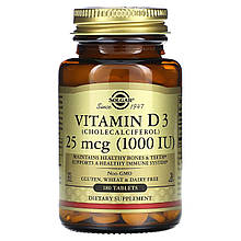 Вітамін D3 (холекальциферол), Vitamin D3, Solgar, 25 мкг (1000 МО), 180 таблеток