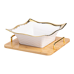 Салатник керамічний 29.5х27.5х10 см Салатник керамічний 29.5х27.5х10 см тарілка для салату на бамбуковій підставці Lugi