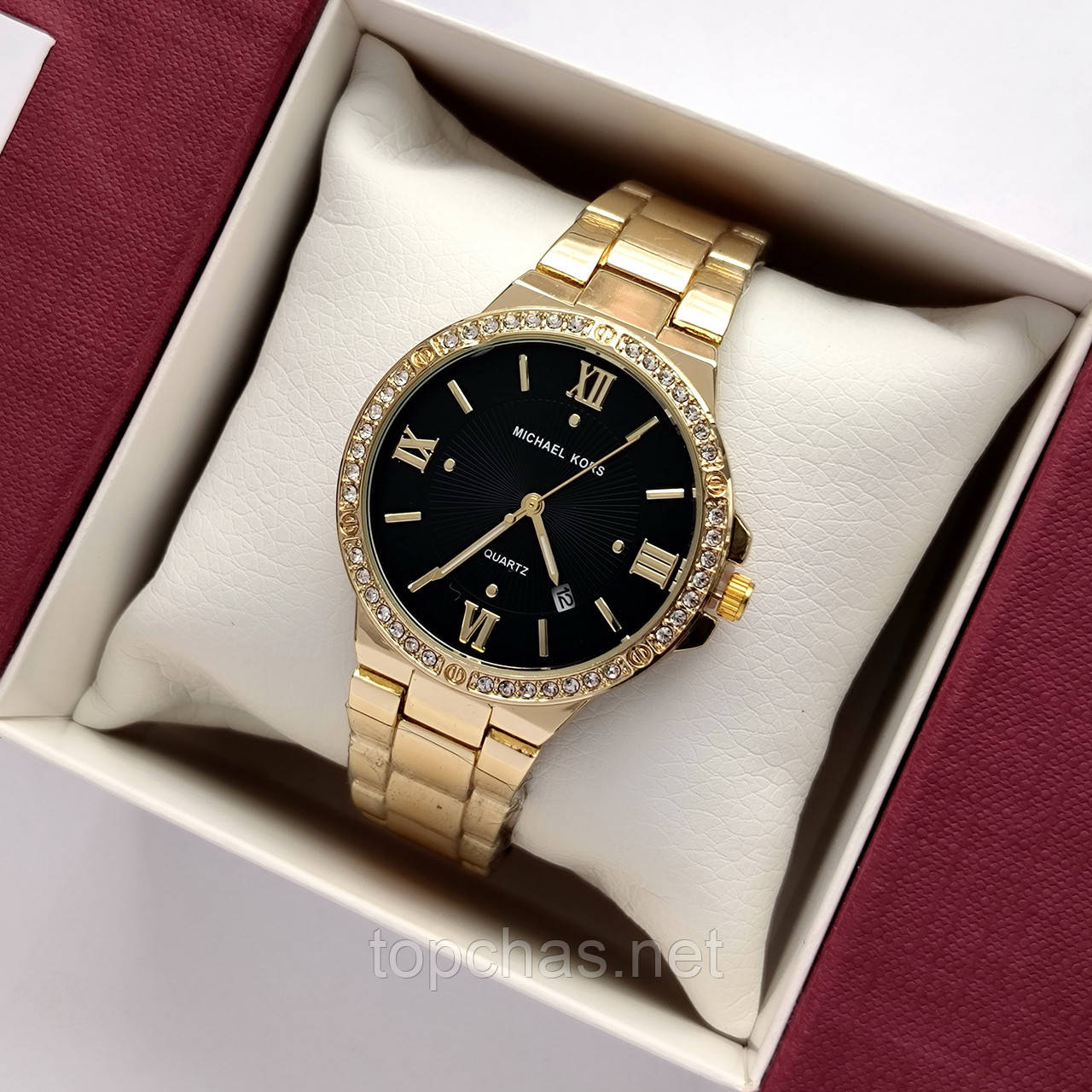 Жіночий наручний годинник Michael Kors (майкл корс) золотий з чорним циферблатом, римські цифри - код 2516b